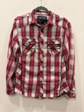 Surplus Men’s Red Plaid Long-Sleeve Button-Down Shirt